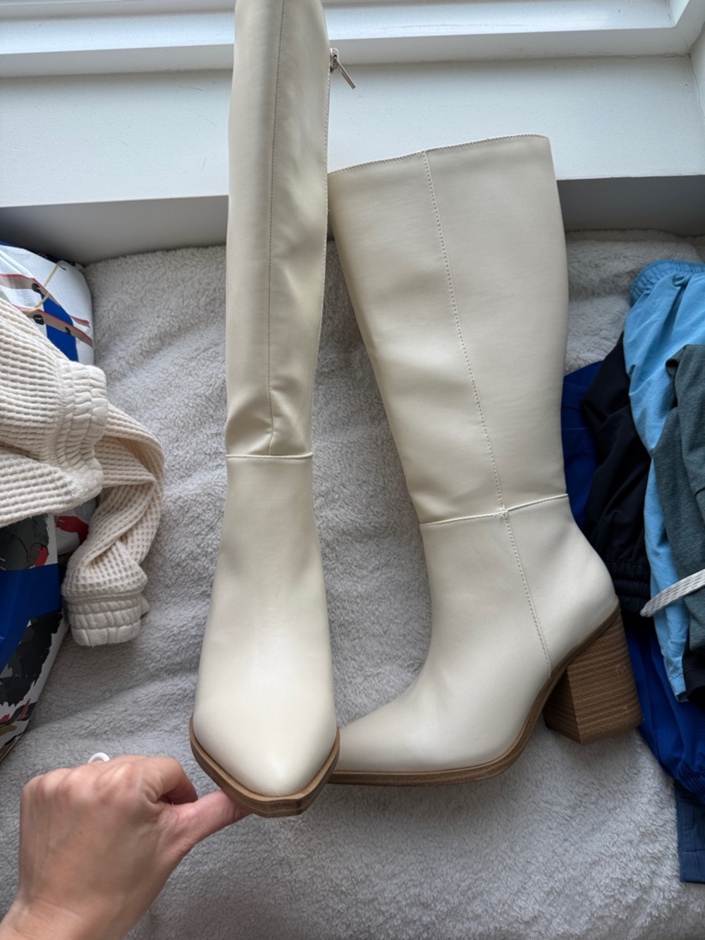 Cream Knee-High Block Heel Women's Boots - Picture 3 of 3